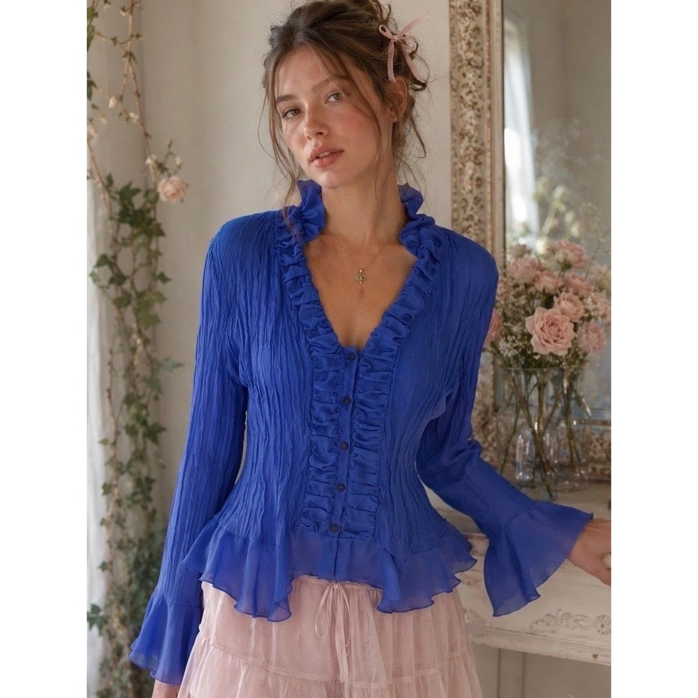 Vtg Y2K NWT Allison Taylor Blue Ruffle Blouse Top  Victorian Coquette Romantic M